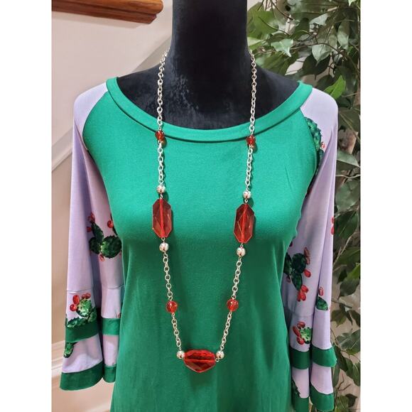 Womens Green & White Cactus Round Neck Long Flare Sleeve Top Blouse Size 3XL - Picture 9 of 11